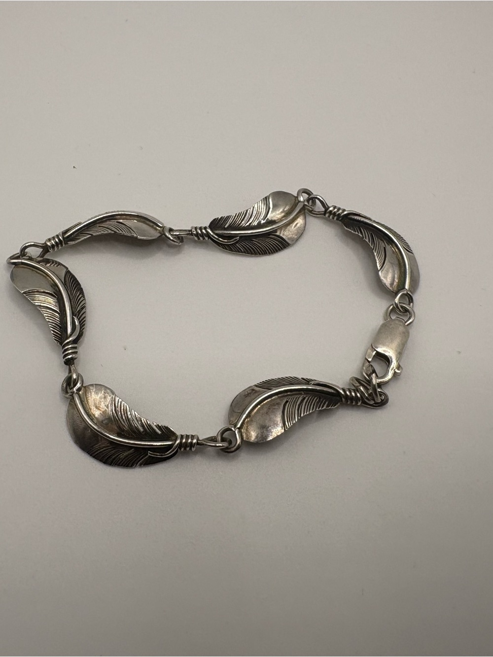 Lena Platero Navajo Sterling Silver Feather Link Bracelet 925 Signed 7” 10g